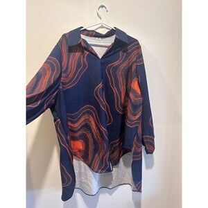 Graphic Print Collared Neck Lantern Sleeve Split Hem Blouse M